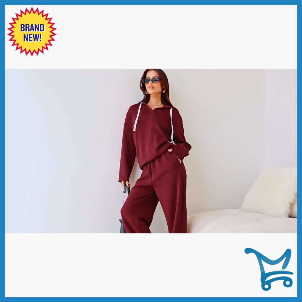 Oversized V-Neck Hoodie Wide Leg Sweatpants 2-Piece Set Medium - Picture 7 of 7